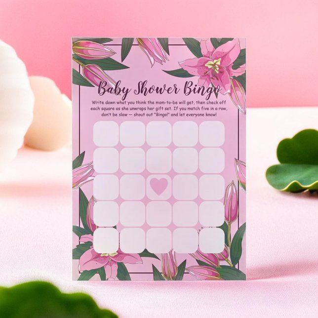 Pink Blooming Lily Baby Shower Bingo Game Card (Pink Blooming Lily Baby Shower Bingo Game Card)