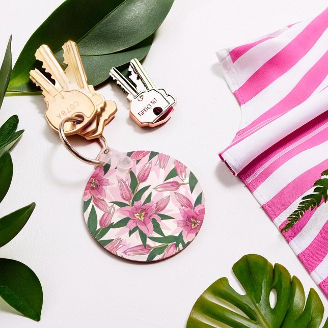 Pink Blooming Lily Key Ring (Pink Blooming Lily Keychain)