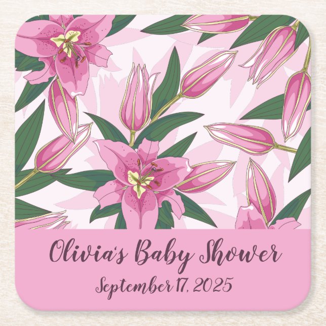 Pink Blooming Lily Square Paper Coaster (Front)