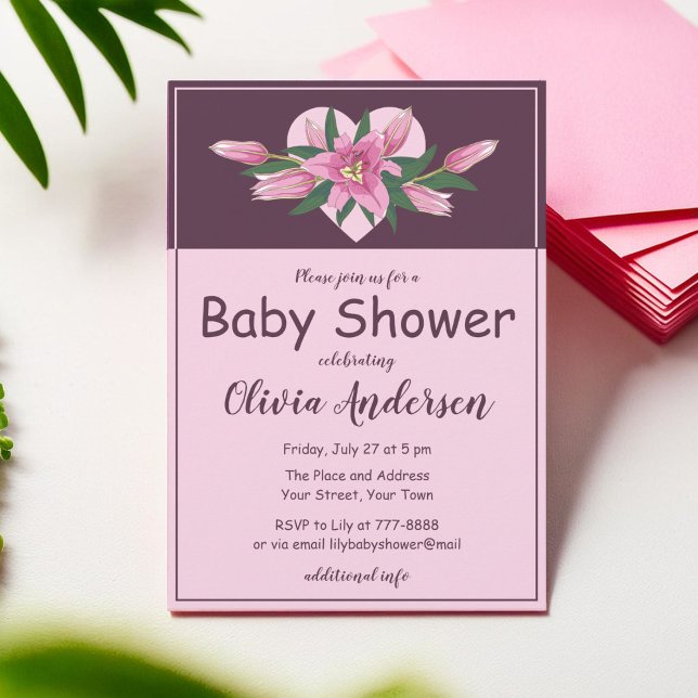 Pink Blooming Lily Sweet Heart Baby Shower Invitation (Pink Blooming Lily Sweet Heart Baby Shower Invitation)