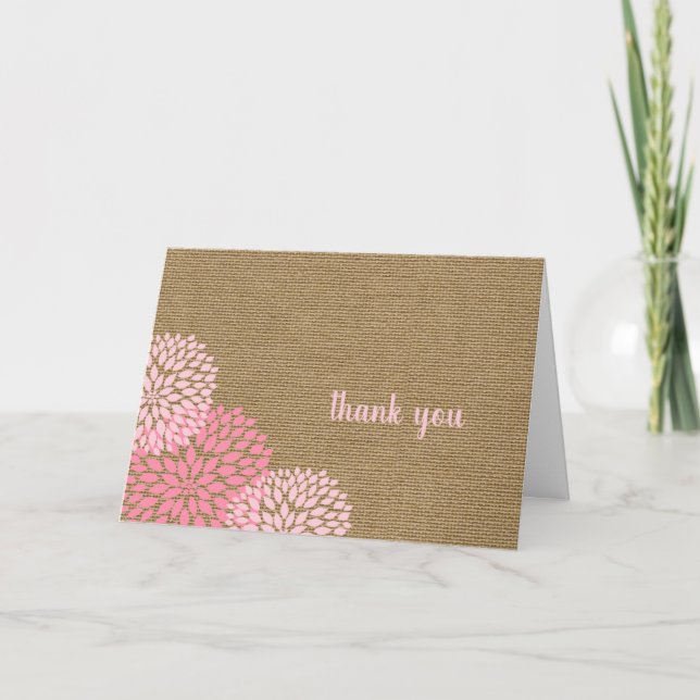 Pink blooms and burlap thank you note card (Front)