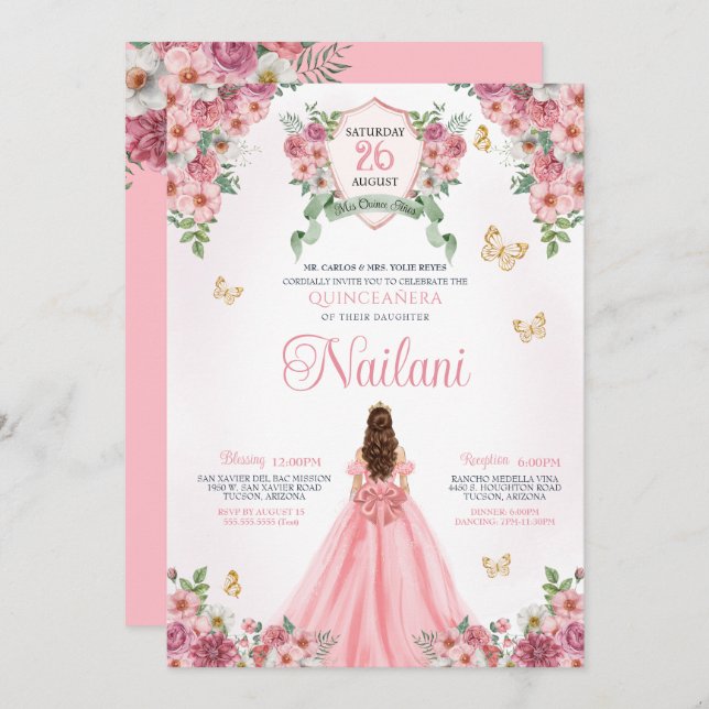 Pink Blooms Butterfly Gold Pink Floral Quinceanera Invitation (Front/Back)