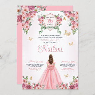 Pink Blooms Butterfly Gold Pink Floral Quinceanera Invitation