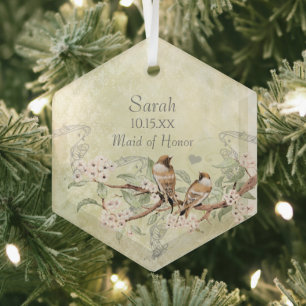 Pink Blooms Vintage Birds Maid of Honour Ornaments