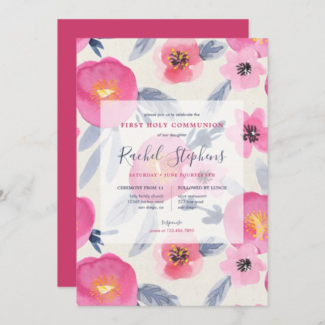 Pink Blooms Watercolor Floral First Holy Communion Invitation (Front/Back)