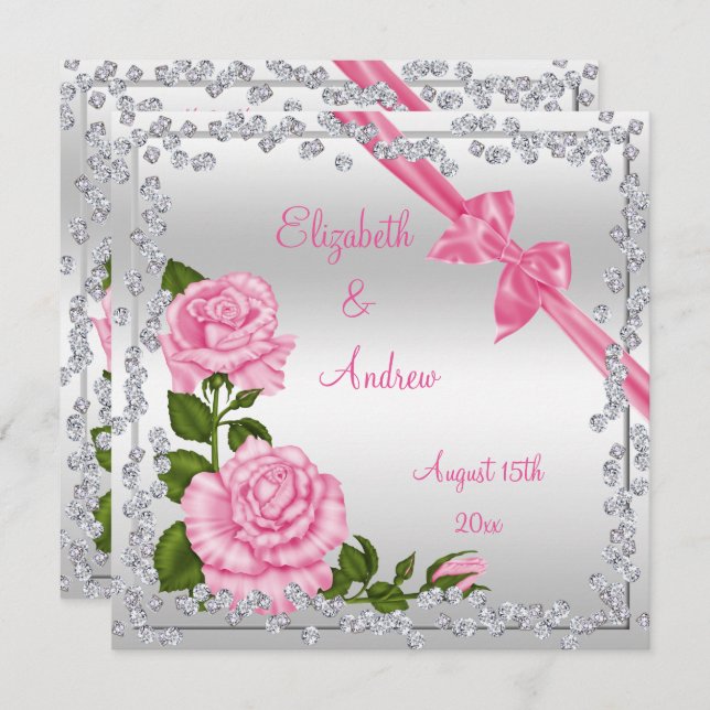 Pink Blossom, Bows & Diamonds Wedding Invitation (Front/Back)