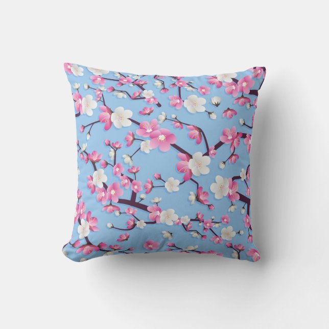 Pink Blossom Branches on Sky Blue Background Cushion (Front)