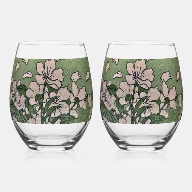 Pink Blossom Cascade  Stemless Wine Glass (Front)