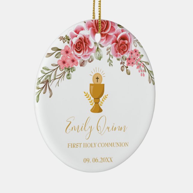 Pink Blossom Communion Chalice  Keepsake Ornament" Ceramic Tree Decoration (Right)