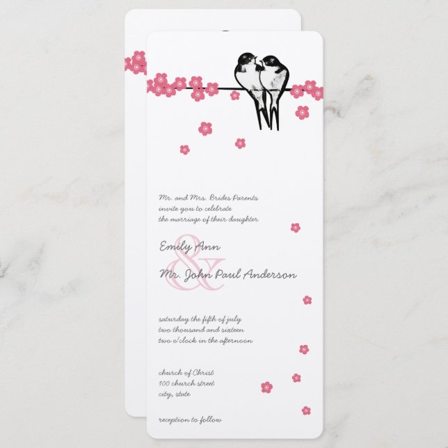 Pink Blossom Enchanted Forest Chickadee Wedding Invitation (Front/Back)