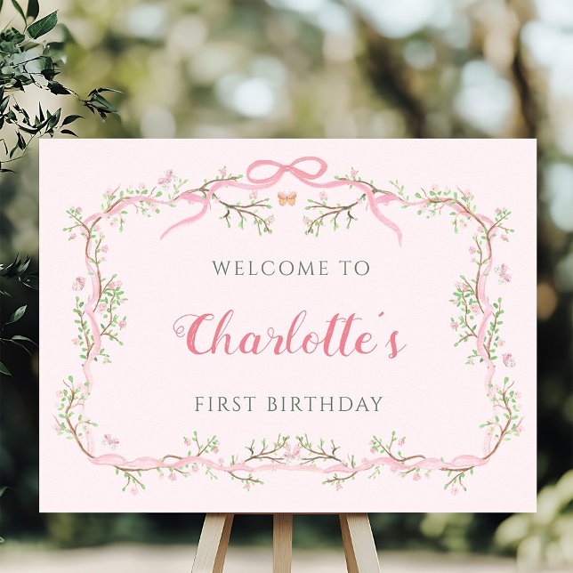 Pink Blossom Floral Frame 1st Birthday Welcome     Poster (Creator Uploaded)
