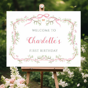 Pink Blossom Floral Frame 1st Birthday Welcome Poster
