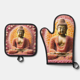 Pink Blossom Flower Buddha Meditating Oven Mitt & Pot Holder Set