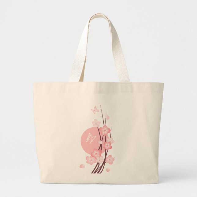 Pink Blossom Flowers & Butterflies Large Tote Bag (Front)