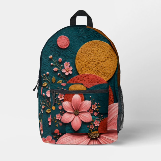 Pink Blossom Geometric Abstract Wall Art Printed Backpack (Front)