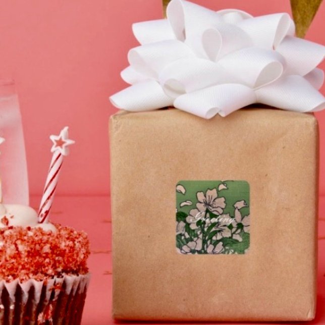 Pink Blossom Green Square Sticker (Creator Uploaded)