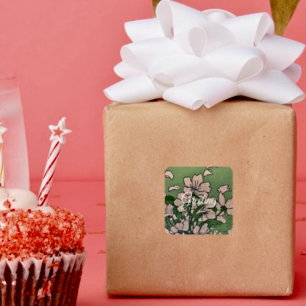 Pink Blossom Green Square Sticker