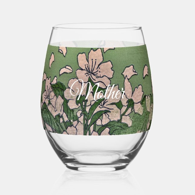 Pink Blossom Green Stemless Wine Glass (Front)