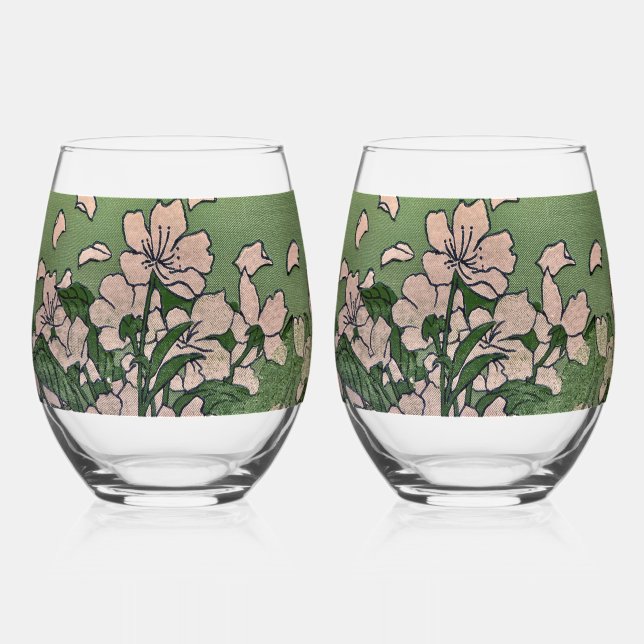 Pink Blossom Green  Stemless Wine Glass (Front)