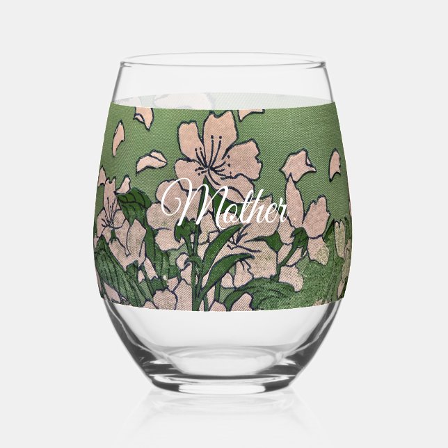 Pink Blossom Green Stemless Wine Glass (Back)