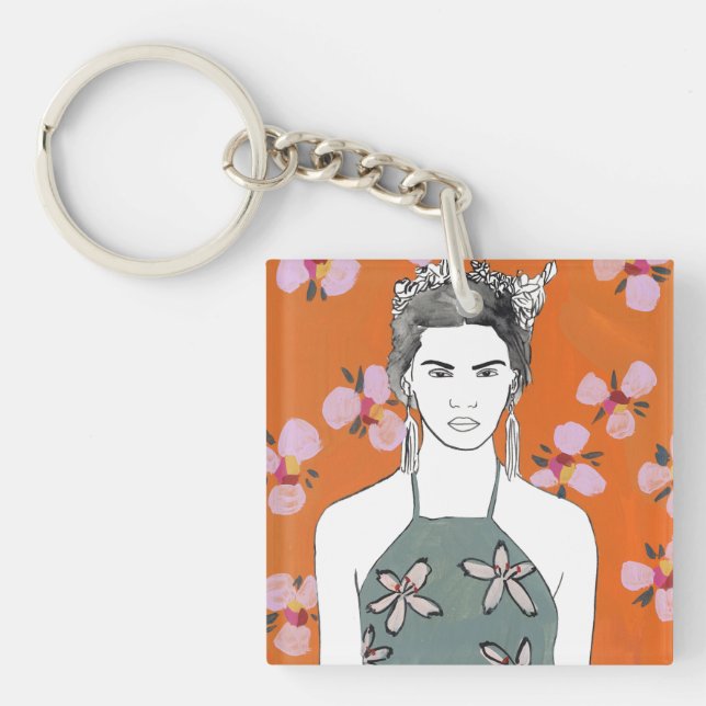 Pink Blossom Lady - Orange Key Ring (Front)