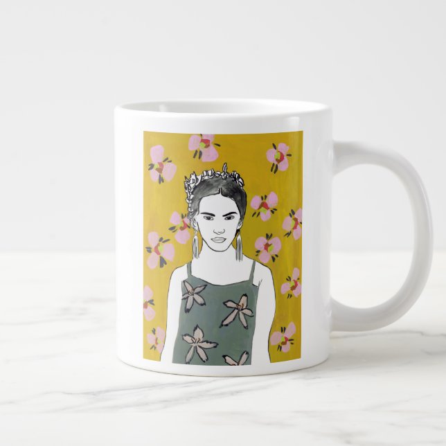 Pink Blossom Lady - Yellow Large Coffee Mug (Right)