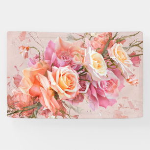 Pink Blossom Roses Watercolor Mural Art Print #1 Banner