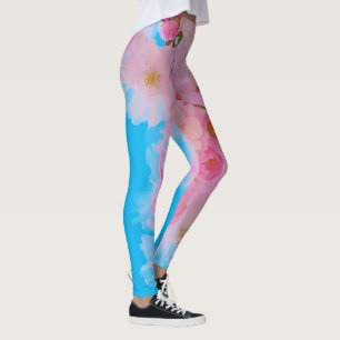 Pink Blossom Sky Blue Yoga Leggings