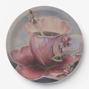 PINK BLOSSOM TEA CUP MONOGRAM PARTY PAPER PLATE