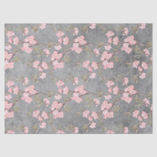 Pink Blossoms and Branches on Grey Decoupage Tissue Paper
