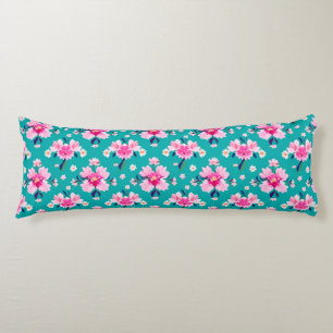Pink Blossoms and Leaves on Teal Background Body Cushion