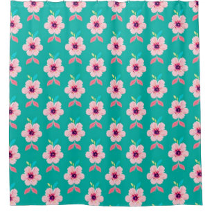 Pink Blossoms and Leaves on Teal Background Shower Curtain