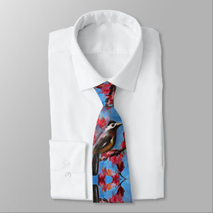 Pink Blossoms Bird Art Painting Tie