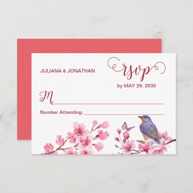 Pink Blossoms Flower Watercolor feminine Wedding RSVP Card (Front/Back)