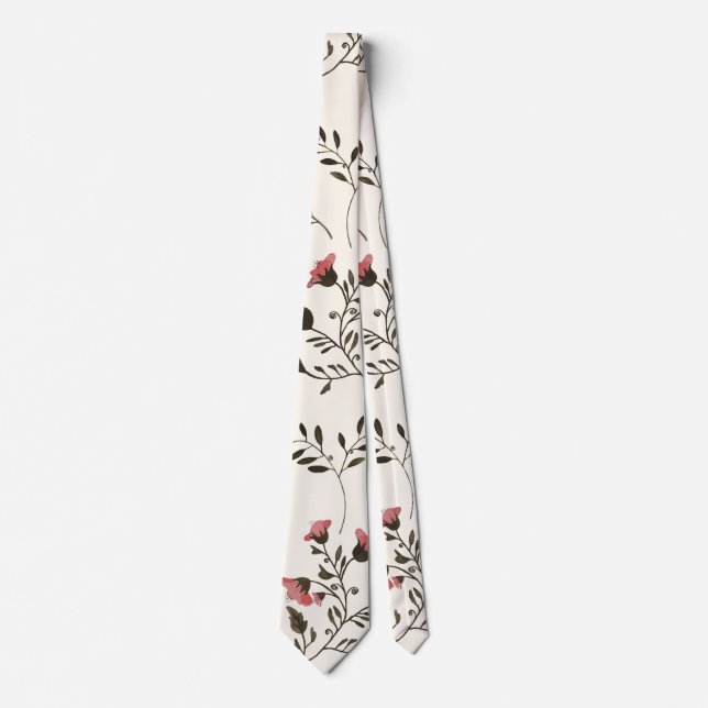 Pink Blossoms & Hummingbirds Floral Pattern Cream Tie (Front)