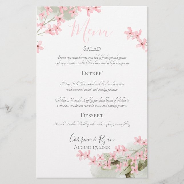 Pink Blossoms Wedding Dinner Menu (Front)