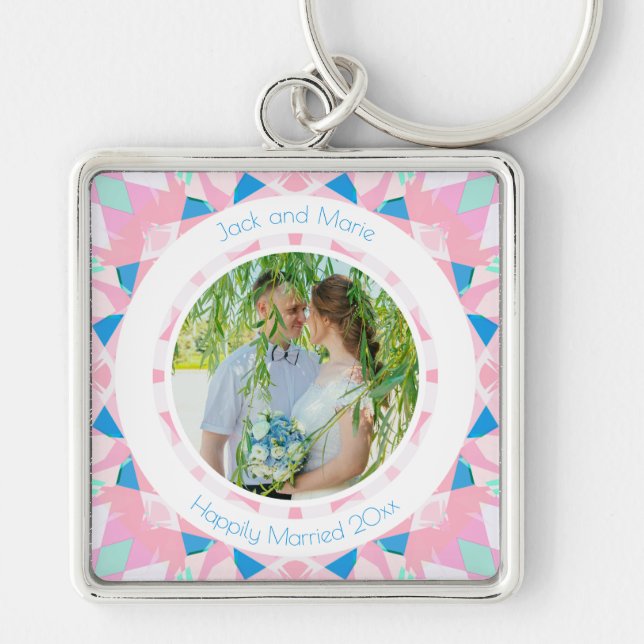 Pink Blue 5th Wedding Anniversary Keepsake Gift Key Ring (Front)