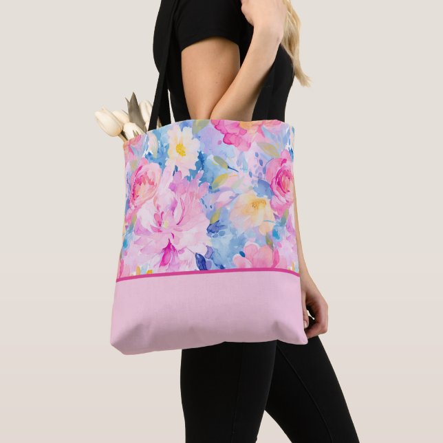 Pink Blue Abstract Watercolor Flowers Colour Block Tote Bag (Close Up)