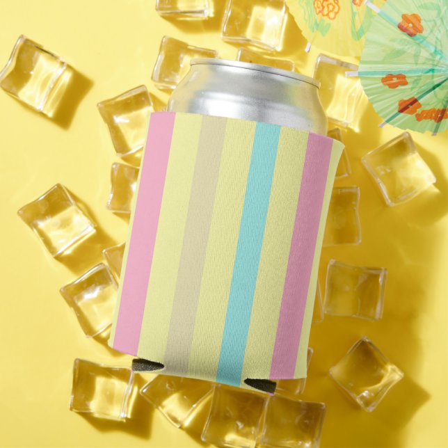 Pink, blue and brown stripes on yellow can cooler (In Situ Summer)