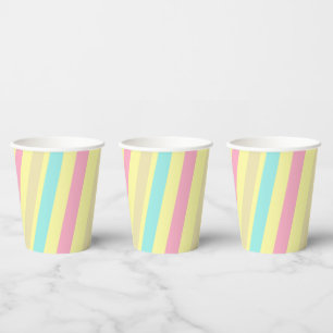 Pink, blue and brown stripes on yellow paper cups