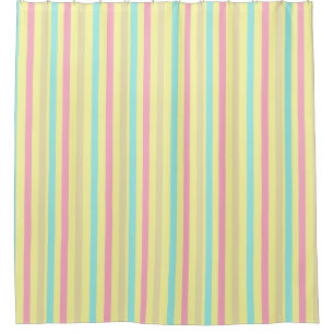 Pink, blue and brown stripes on yellow shower curtain