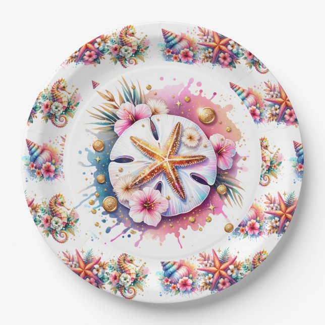 Pink, Blue and Gold Coastal Sand Dollar Beachy Paper Plate (Front)