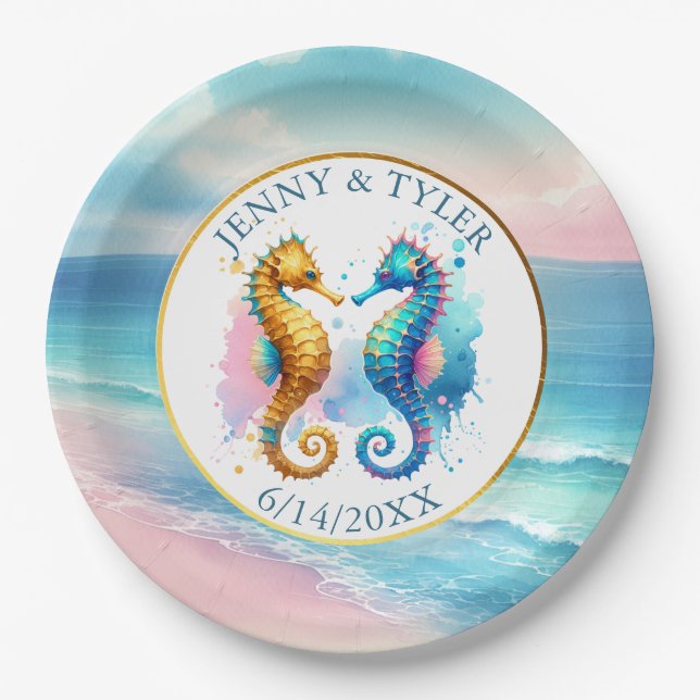 Pink, Blue and Gold Coastal Sand Dollar Beachy Paper Plate (Front)