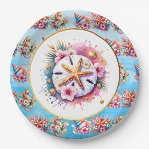 Pink, Blue and Gold Coastal Sand Dollar Beachy Paper Plate