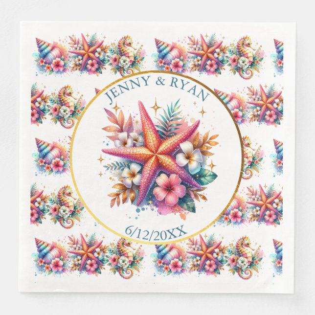 Pink, Blue and Gold Coastal Sea Shells Beachy Napkin (Front)