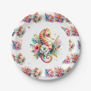 Pink, Blue and Gold Coastal Seahorse Beachy Paper Plate