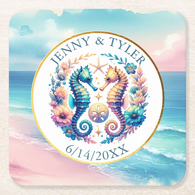 Pink, Blue and Gold Coastal Seahorse Beachy Square Paper Coaster (Front)