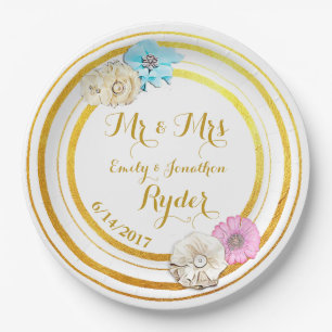 Pink, Blue and Gold Floral Wedding Paper Plates