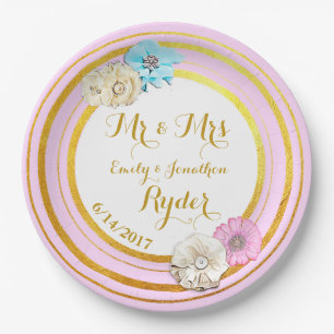 Pink, Blue  and Gold Floral Wedding Paper Plates