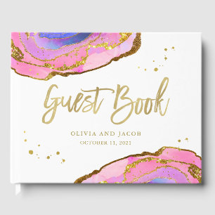 Pink Blue and Gold Geode Wedding Guest Book